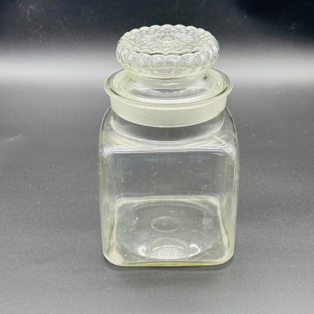 Vintage Clear Glass Square Apothecary Jar with Bubble Texture Lid